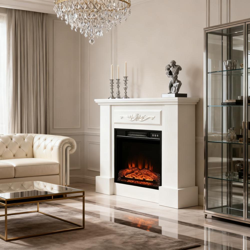 Elegant Electric Fireplace with Floral Carving - Realistic Flame Effect Heater for Cozy Room Ambiance