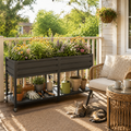 2-Tier Elevated Metal Wicking Garden Bed with Lockable Wheels & Storage Shelf, Dark Gray Staggered Self-Watering Planter. Built-in tank feeds plants via capillary action for veggies, herbs, flowers, p