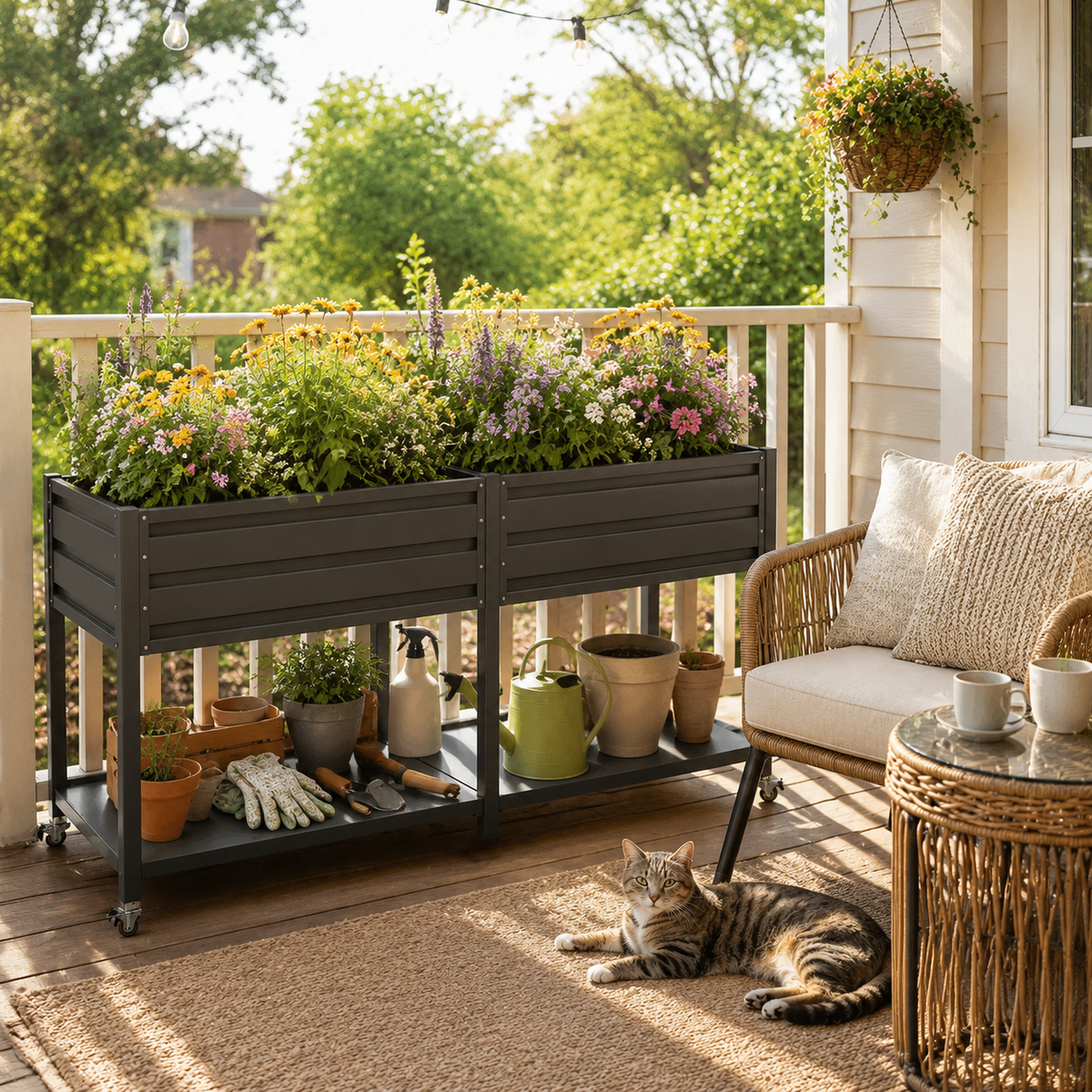 2-Tier Elevated Metal Wicking Garden Bed with Lockable Wheels & Storage Shelf, Dark Gray Staggered Self-Watering Planter. Built-in tank feeds plants via capillary action for veggies, herbs, flowers, p
