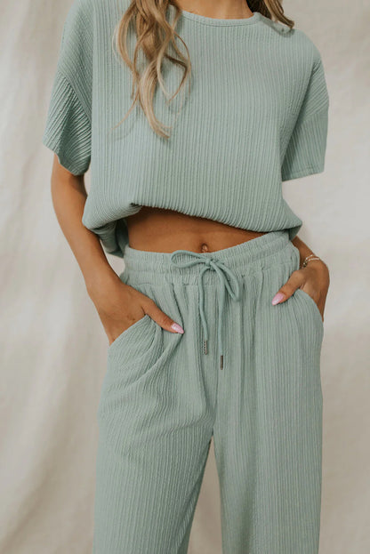 Moonlight Jade Textured Drop Sleeve Tee and Drawstring Pants Set - Eloy Royal