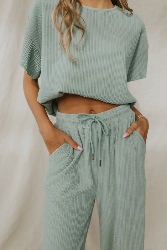 Moonlight Jade Textured Drop Sleeve Tee and Drawstring Pants Set - Eloy Royal