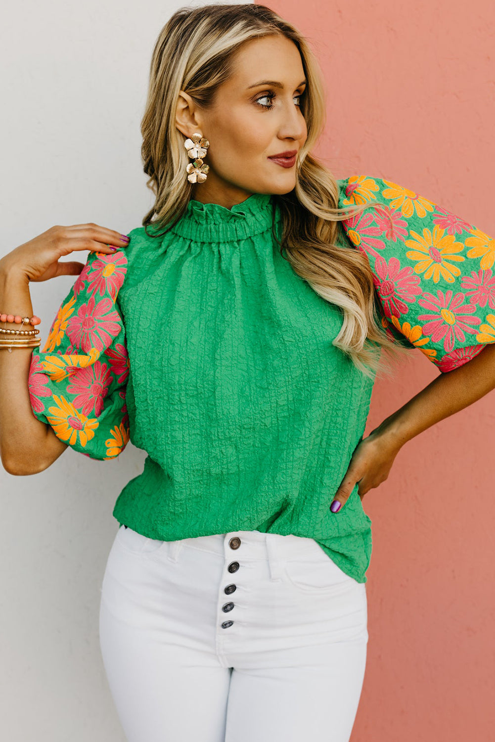 Bright Green Floral Print Puff Sleeve Button Back Fill Neck Blouse - Eloy Royal