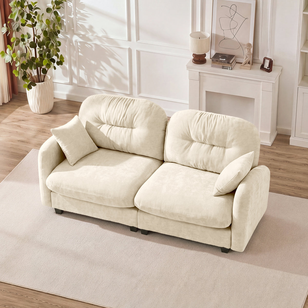 Loveseat Cloud Sectional Couches  Chenille Fabric, Quilted Pleated Design, Ergonomic Design, High-Density Foam Easy Install Elegant Armrests High Quality Wooden Base,Fits Living Rooms,Beige