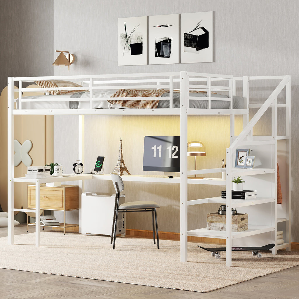 Twin XL Size Loft Bed with L-shaped Desk and USB, Metal Loft Bed with Wardrobe and Adjustable Shelf, High Loft Bed with LED for Kids Teens Adults, White