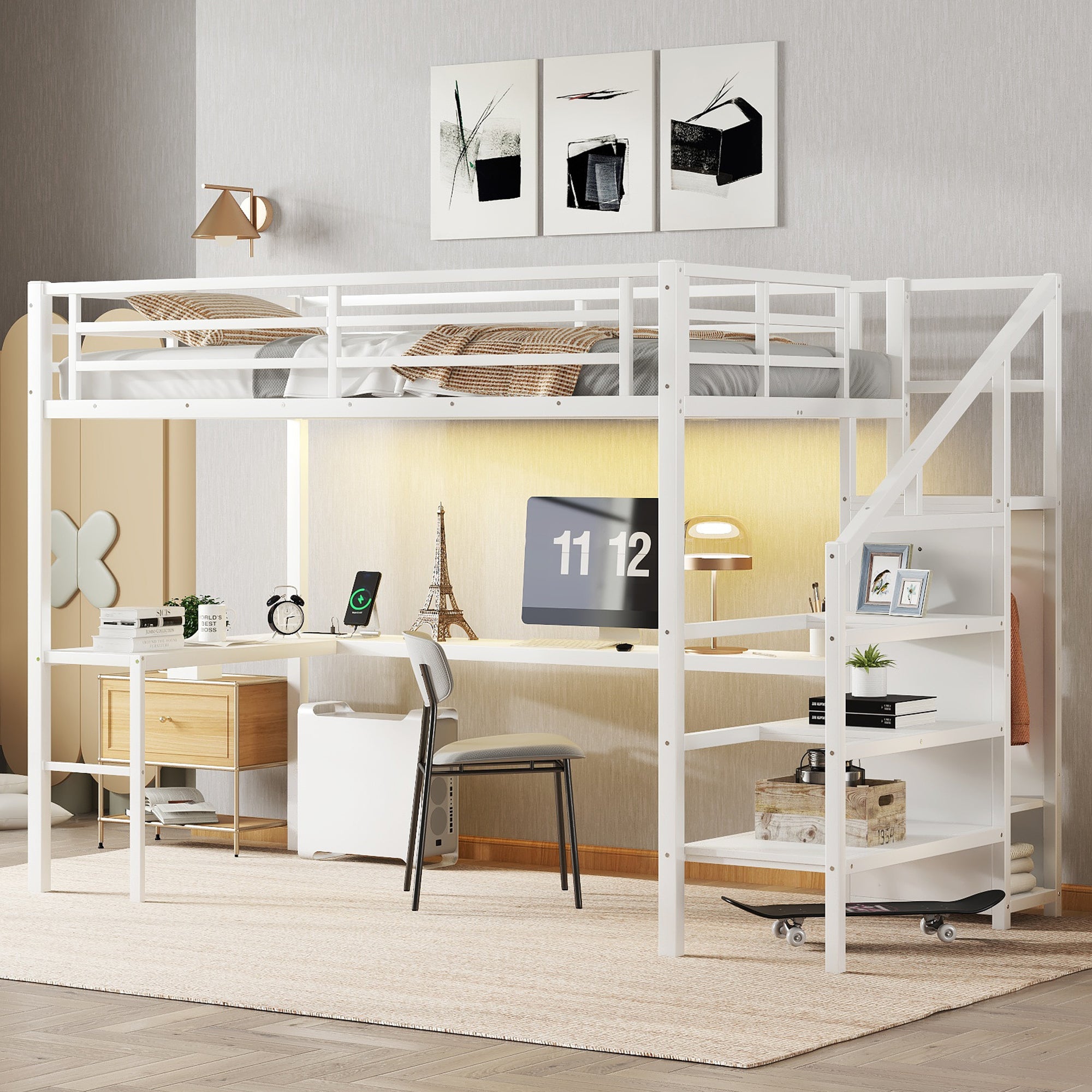 Twin XL Size Loft Bed with L-shaped Desk and USB, Metal Loft Bed with Wardrobe and Adjustable Shelf, High Loft Bed with LED for Kids Teens Adults, White