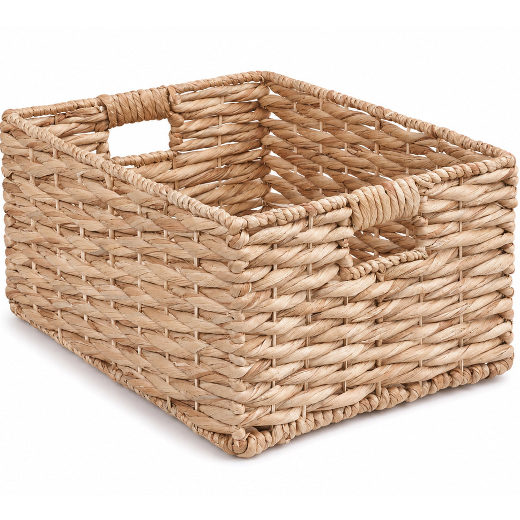 SOLHOME Water Hyacinth Storage Basket, Natural, 16.9' x 12.6' x 9.1', Handwoven Twisted Weave Basket with Handles – Shelf Organizer, Towel Storage, Living Room Storage