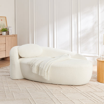 Modern Oval Single Lazy Sofa Chair with Integrated Backrest, Side Armrest and Pillow, Compact Space-Saving Lounge Chair for Living Room Bedroom-Beige