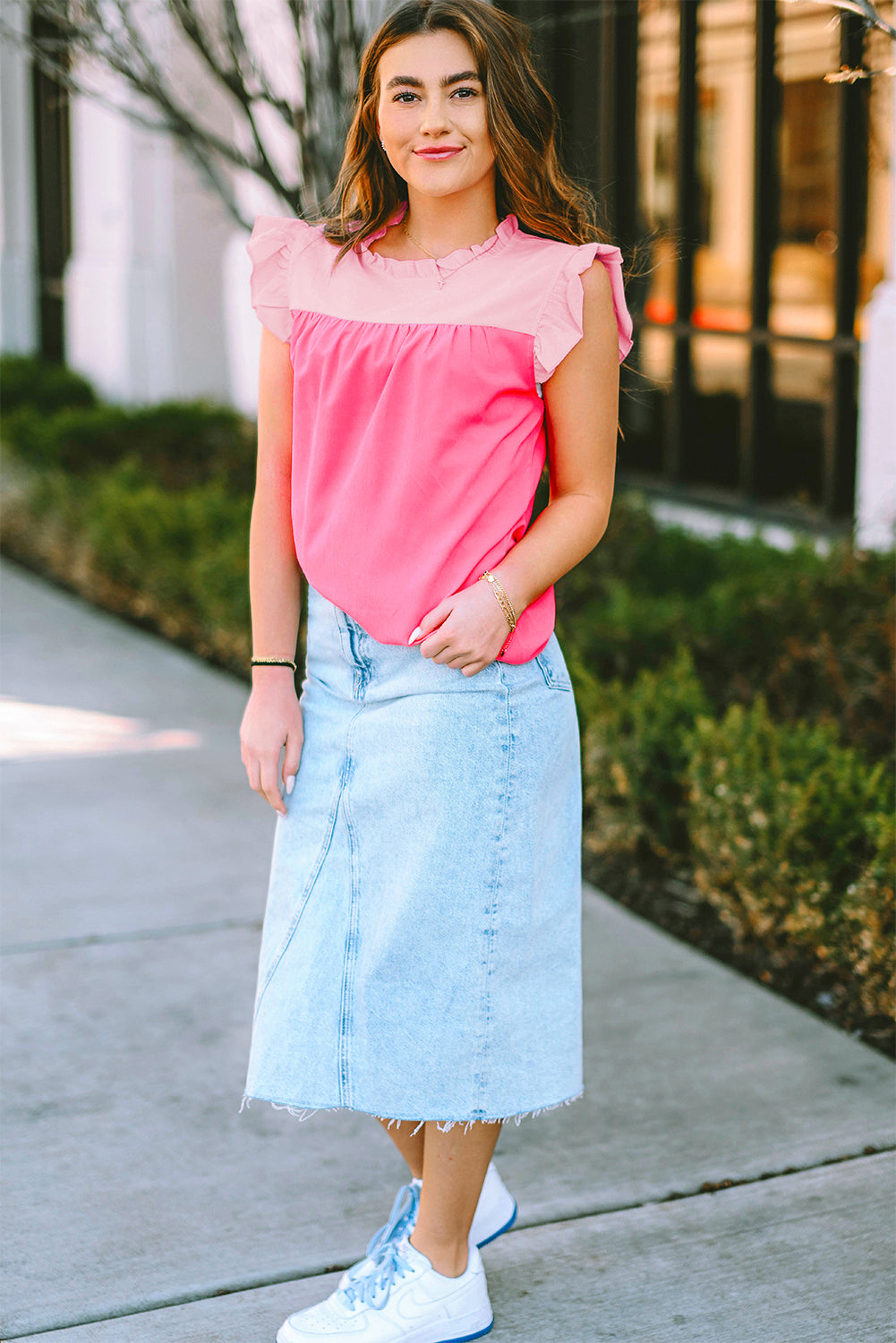 Orange Colorblock Splicing Pleated Ruffle Trim Blouse - Eloy Royal