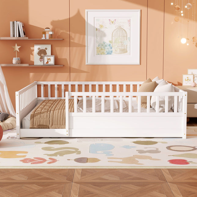 Queen Montessori Floor Bed with Safety Guardrails, Low Profile Wood Platform Bed Frame for Kids & Toddlers, No Box Spring Needed, Perfect for Shared Kids Bedroom, White