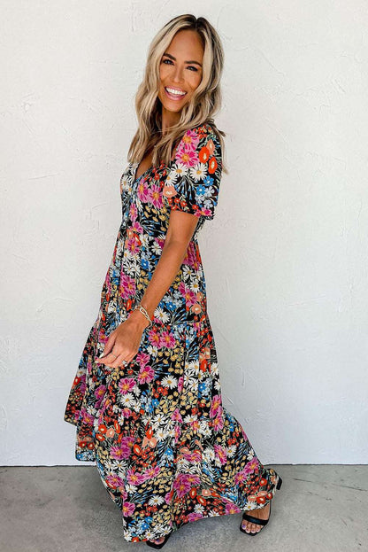 Black Boho Floral Print Deep V Tiered Maxi Dress