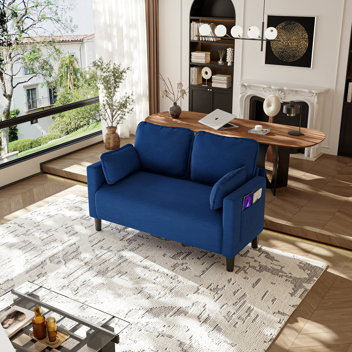 48' Soft Corduroy Loveseat Couch W/Soft Cushions,Side Storage Pocket,Sturdy Composite Board & Solid Wood Frame, High Rebound Sponge,Easy Assembly,Ideal for Living Room,Apartment,Dorm,Office.