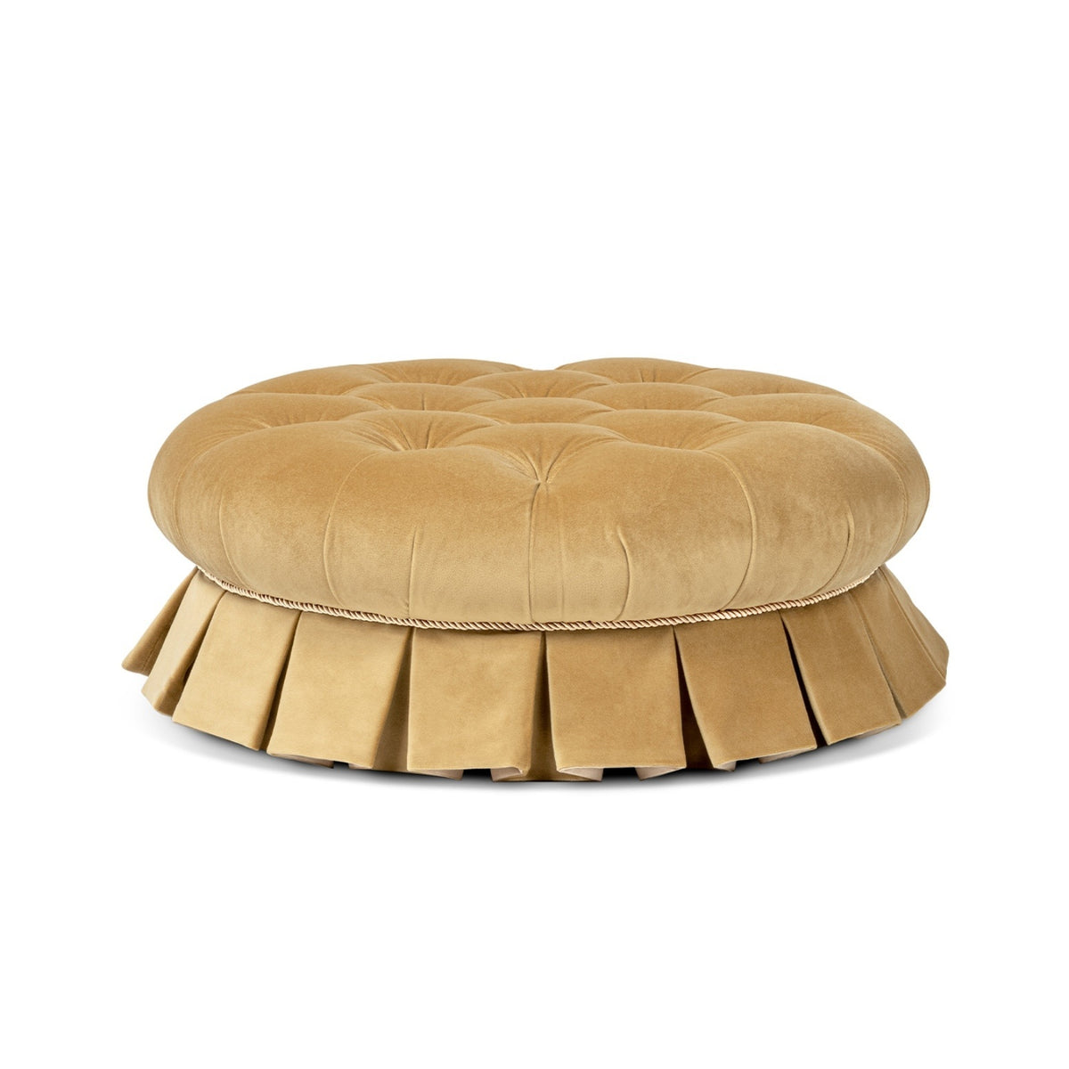 Roquefort 24.5' Round Tufted Velvet Pet Bed with Box-Pleated Skirt in Gold Performance Velvet
