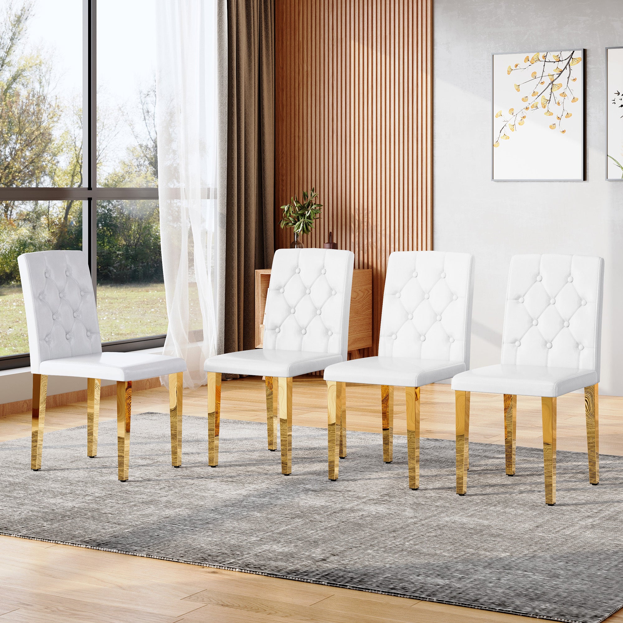 4-pack white PU dining chairs: ergonomic buckle backrest, 35 inches high, golden metal legs,Combines Comfort and Texture.Perfectly suitable for family dining rooms, hotel banquet halls,etc.