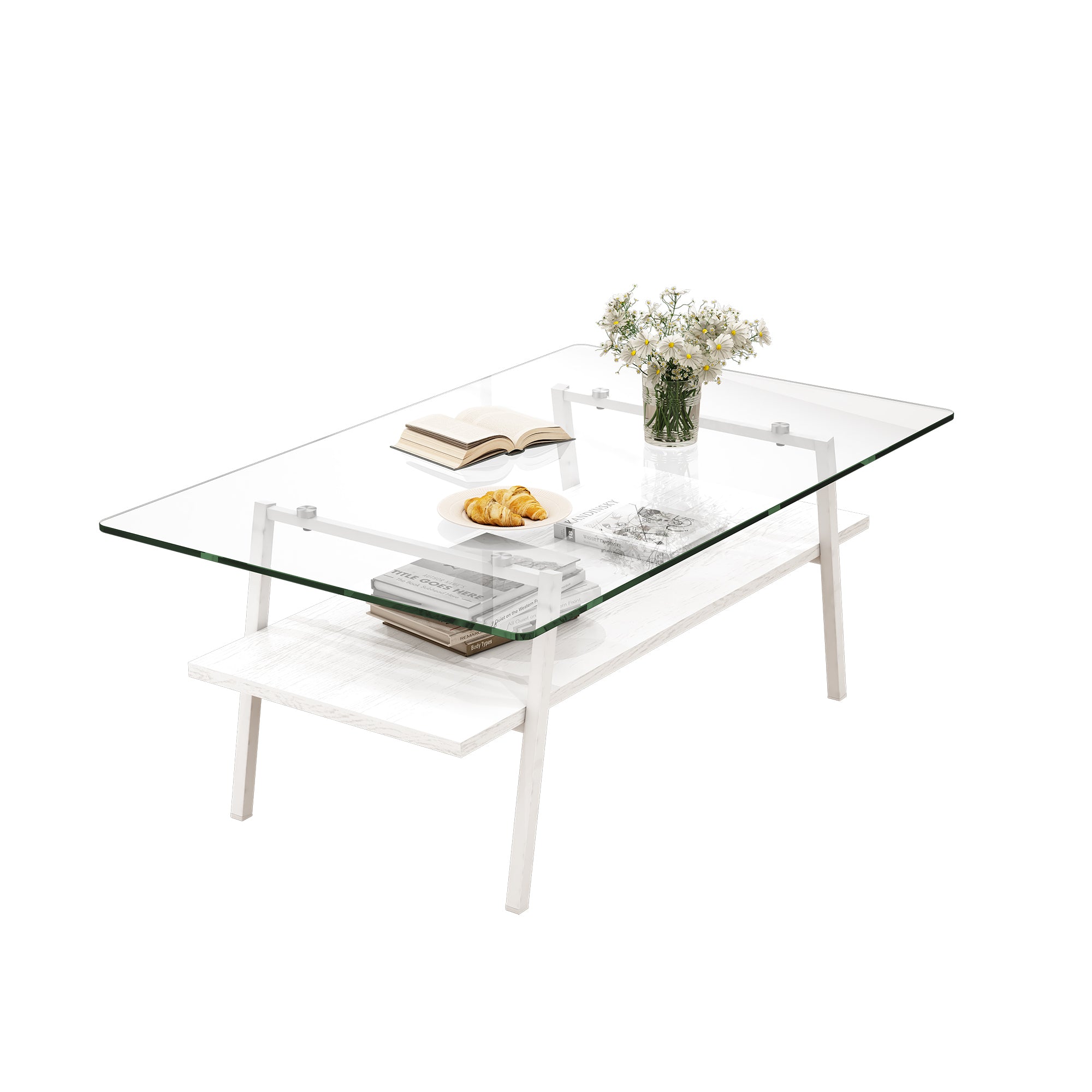 Modern Rectangular Coffee Table with Tempered Transparent Glass Top and MDF Layer – Table for Living Room