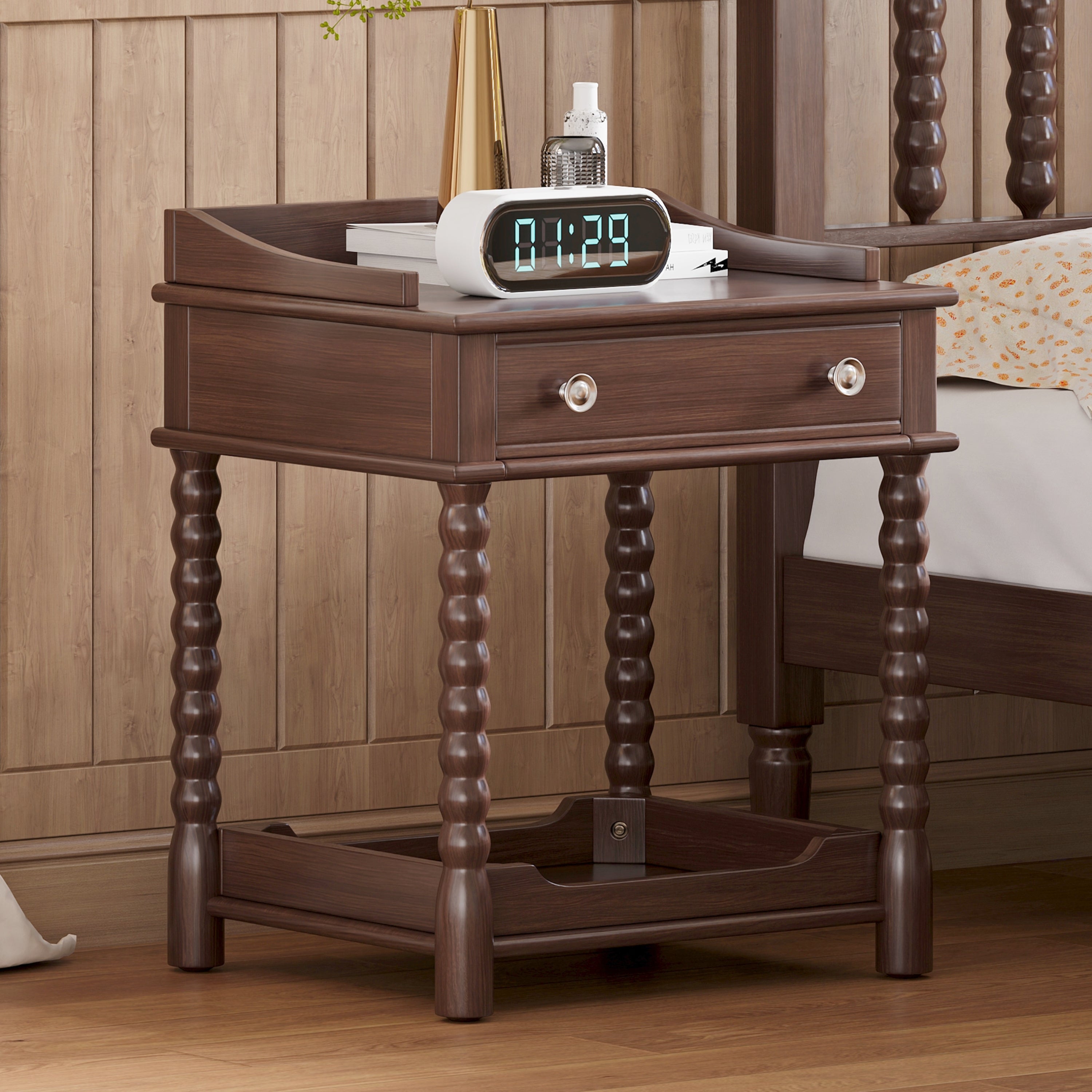 Retro Style Nightstand with Drawer and Open Shelf for Bedroom, Bedside Table with Turned Legs and Metal Handle,Walnut