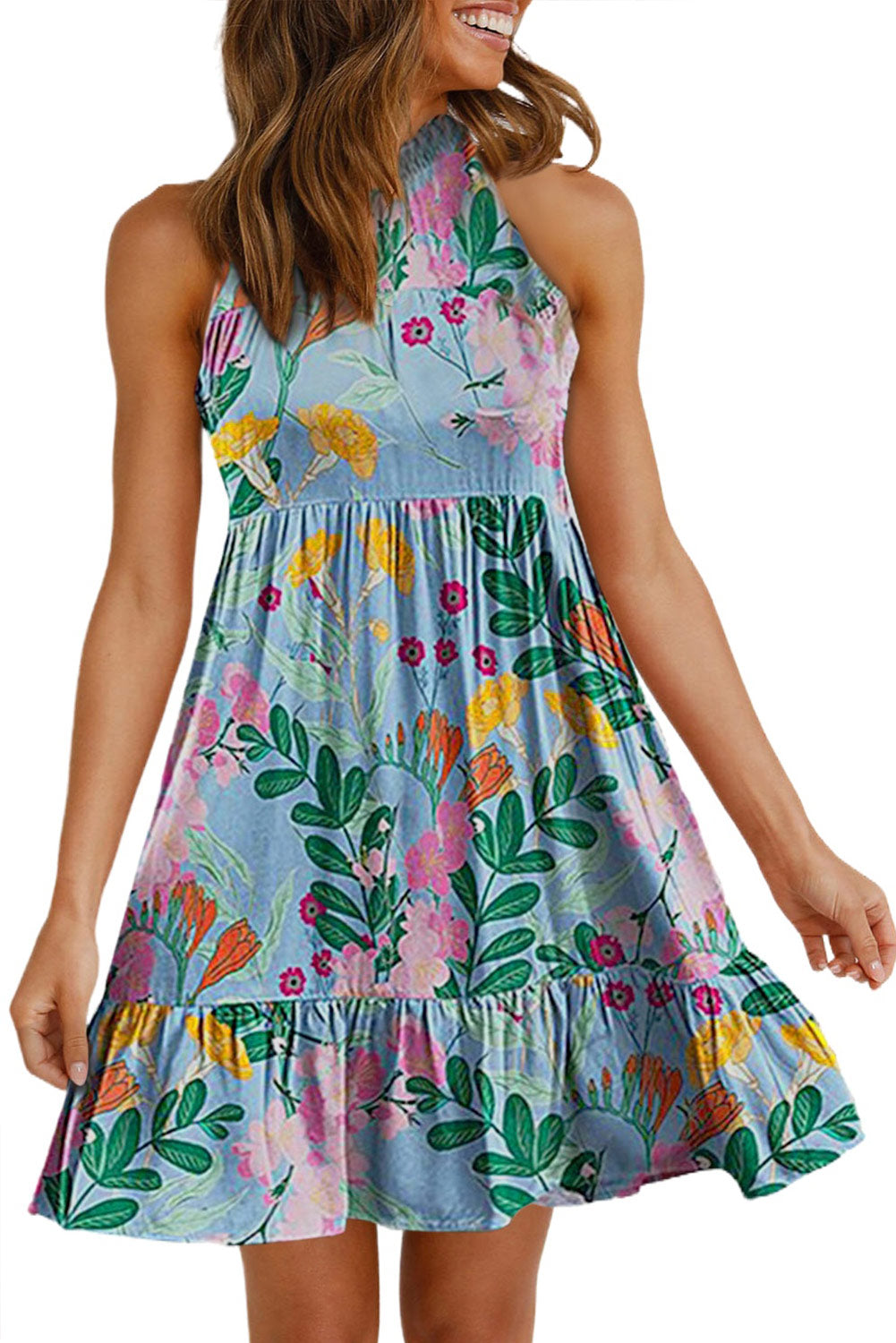 Light Blue Floral Print Ruffled Lace-up Frill Neck Sleeveless Dress - Eloy Royal