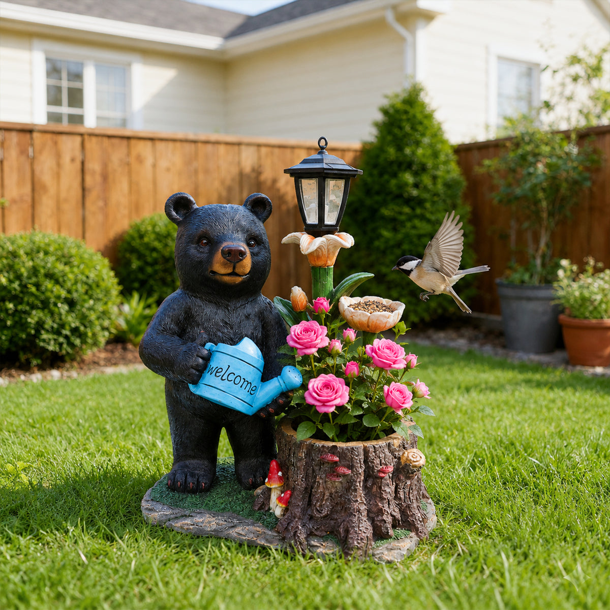 Standing Black Bear Garden Planter with Decorative Solar Lantern - Whimsical Polyresin Wildlife Flower Pot for Porch & Patio Decor