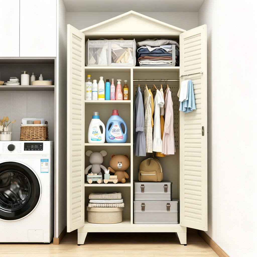 Spire79.1'' Tall Metal Tool Storage Cabinet, with Ample Storage Space for Garage,Warehouse,Garden,Office, Living Room,Bathroom,Utility Room ( Beige )