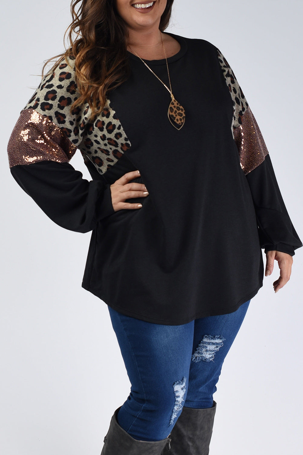 Wholesale Black Plus Size Leopard Sequin Patchwork Long Sleeve Top - Eloy Royal