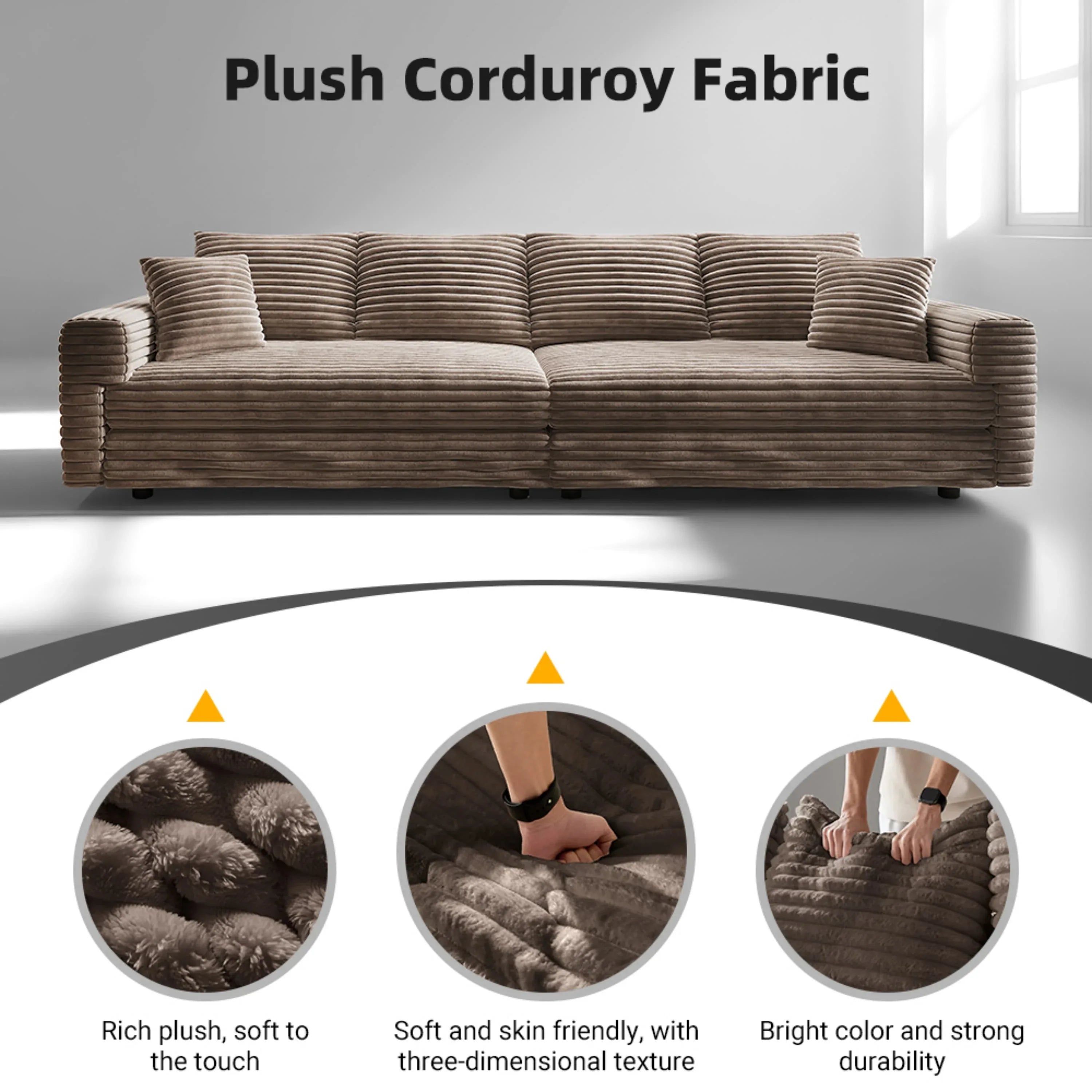 102.4 'Plush Corduroy 4-Seat Sofa,Modern Comfy Upholstered Sofa Cloud Couch,Deep Seat Couches with Soft Pillows and Movable Ottoman,Convertible Sofa Lounge Chair,for Living Room,Apartment,Office,Camel - Eloy Royal