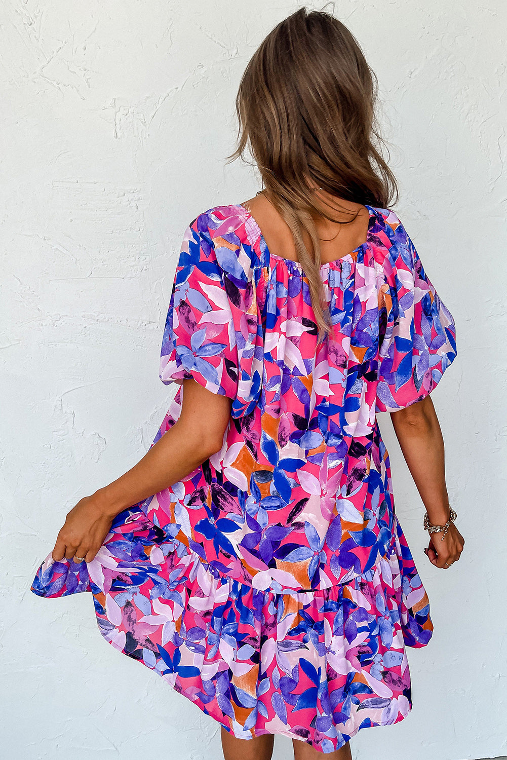 Purple Flower Print Short Puff Sleeve Ruffle Mini Dress - Eloy Royal