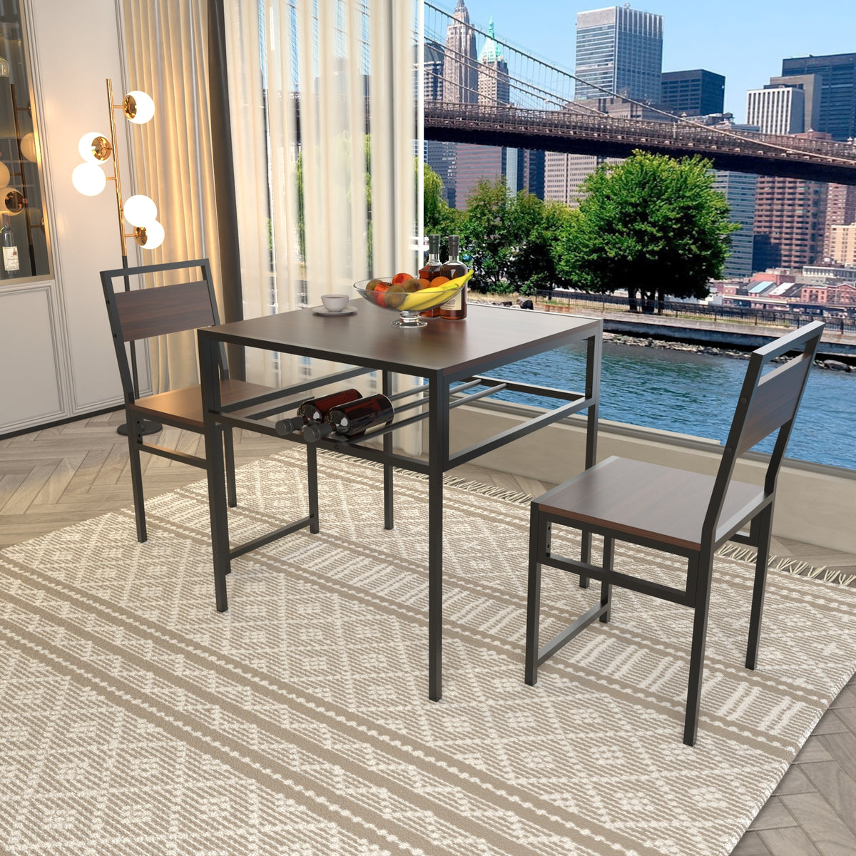 Industrial Dining Table Set with 2 Chairs, Small Square Kitchen Table with Storage Rack for Small Space Apartment