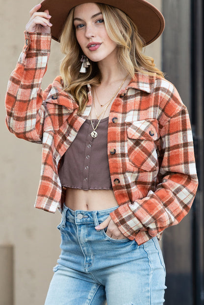 Wholesale Orange Plaid Button-Up Flap Pocket Cropped Jacket - Eloy Royal