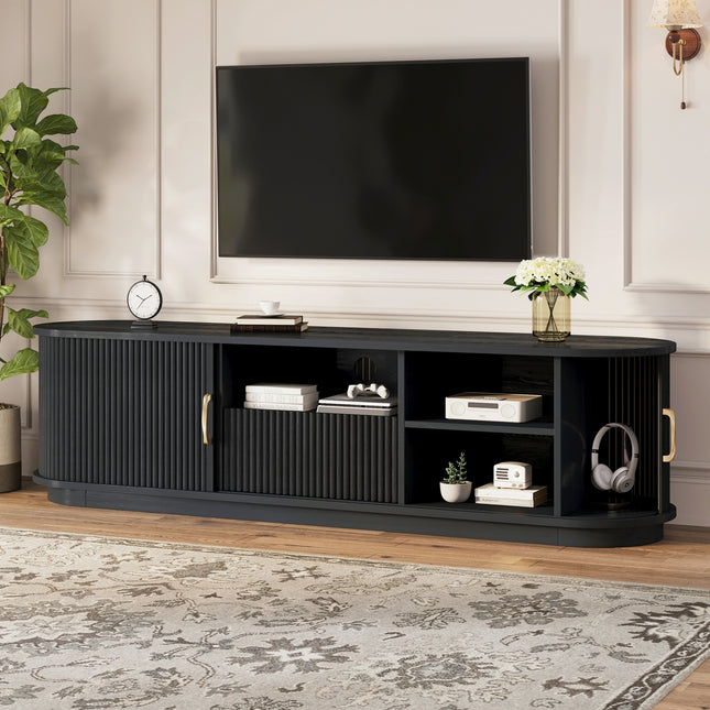 Vintage Rustic TV Stand with Sliding Wood Slatted Doors for TVs up to 75', Farmhouse Fluted TV Cabinet with Drawer, Wood Grain Media Console with Cable Management for Living Room, Bedroom, Black
