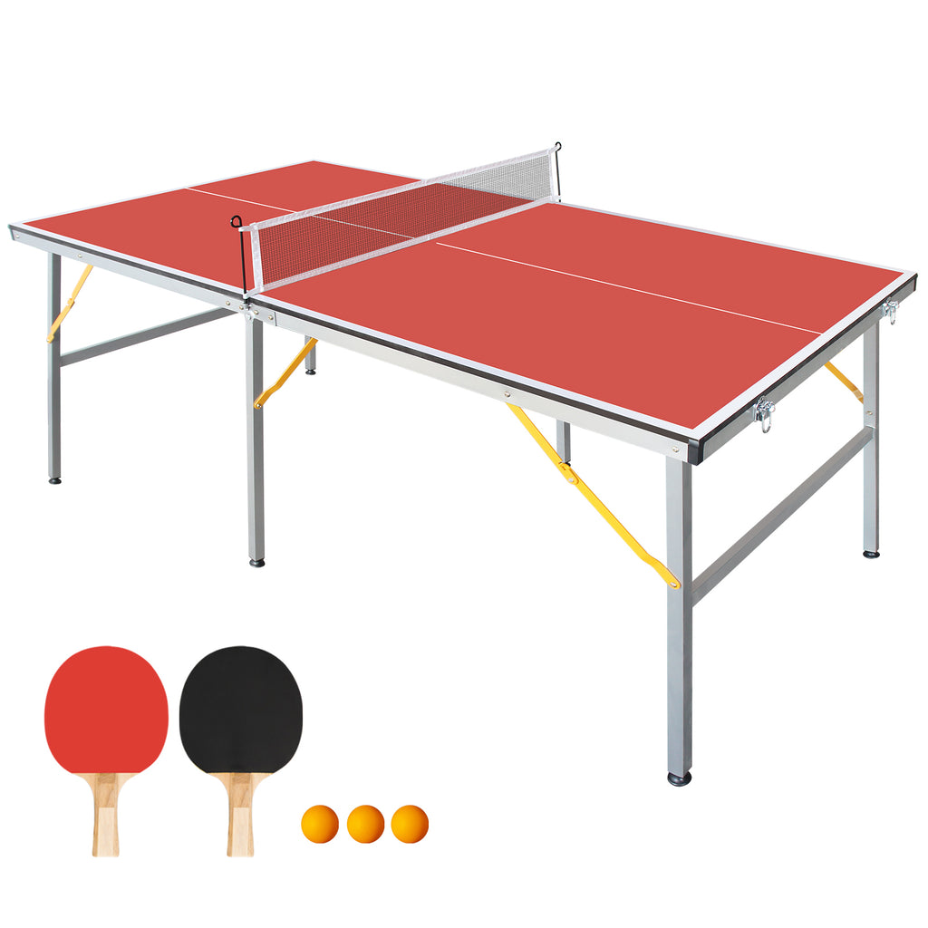 6FT Foldable & Portable Table Tennis Table – Mid-Size Ping Pong Table Set for Indoor Play, Includes Net, 2 Paddle, and 3 Balls with Red Tabletop