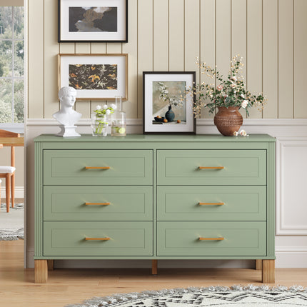 6-Drawer Double Dresser in Sage Green, Modern Storage Cabinet with Metal Handles & Solid Wood Legs, Dresser Drawer Organizer for Kids Bedroom, Heavy-Duty Wooden Dresser with Pre-Installed
