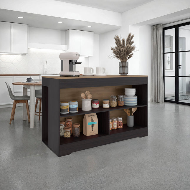 Makoti Kitchen Island 34', 3 Spacious Open Shelves, Black Wengue / Natural Oak