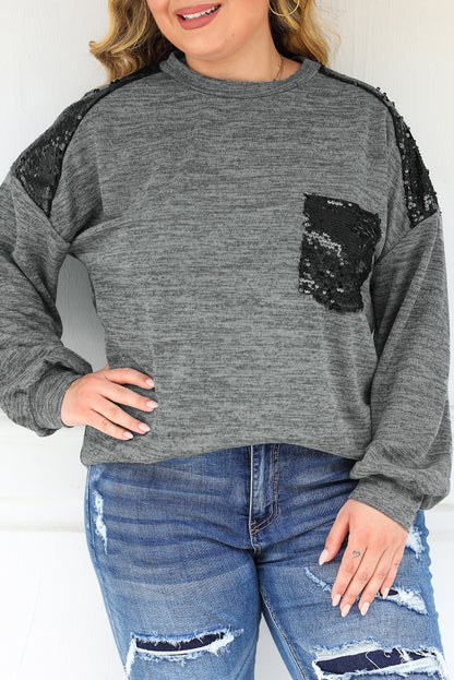 Wholesale Gray Sequin Patchwork Long Sleeve Plus Size Top - Eloy Royal