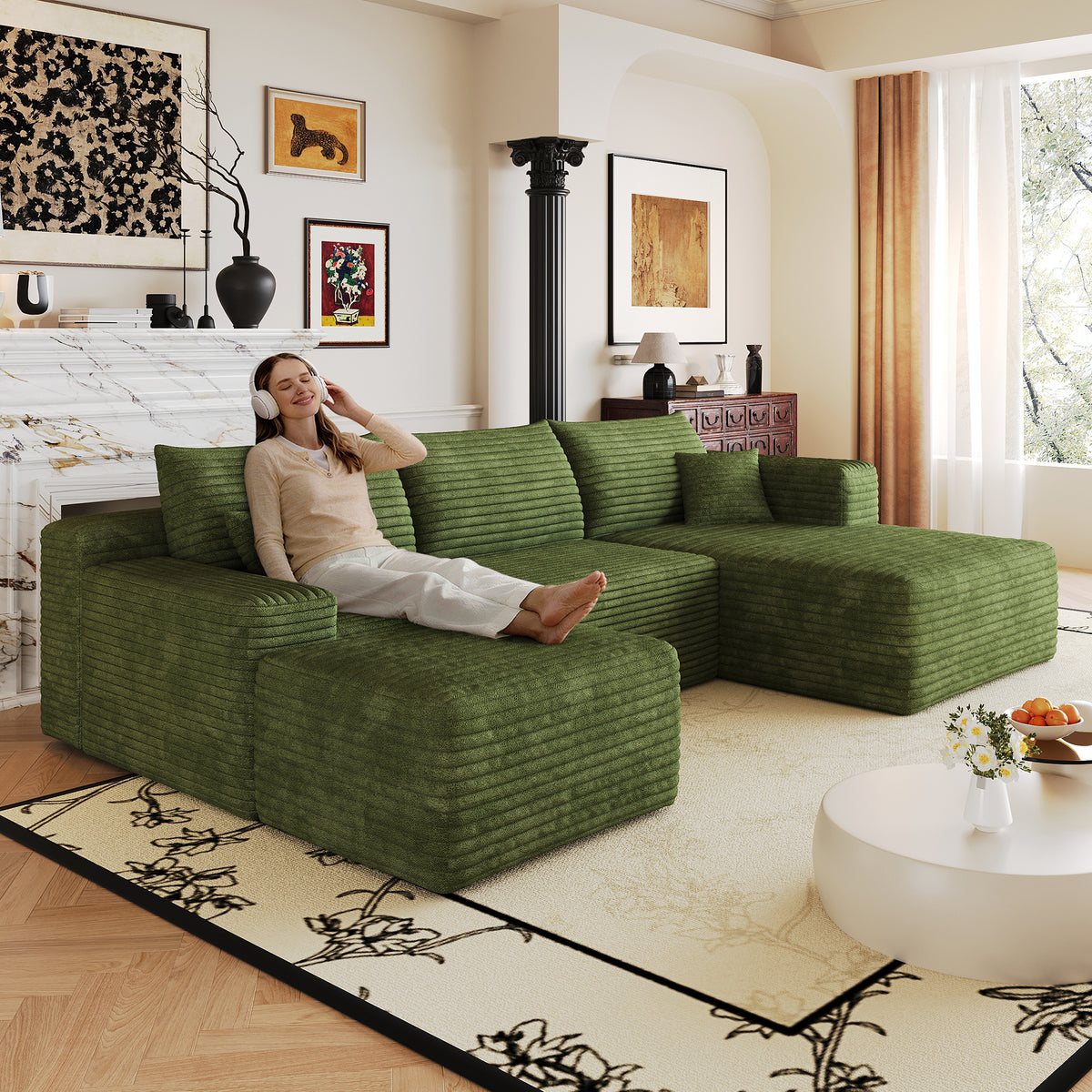 103' Cloud Sectional Sofa,Modern Minimalist Upholstered Couches, Comfort L Shaped Sofa for Living Room,Deep Seat Corner Couch,No Assembly Required,Green(Plush Corduroy Fabric)