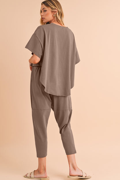 Taupe Batwing Sleeve High Low Tee and Drawstring Crop Pants Set - Eloy Royal