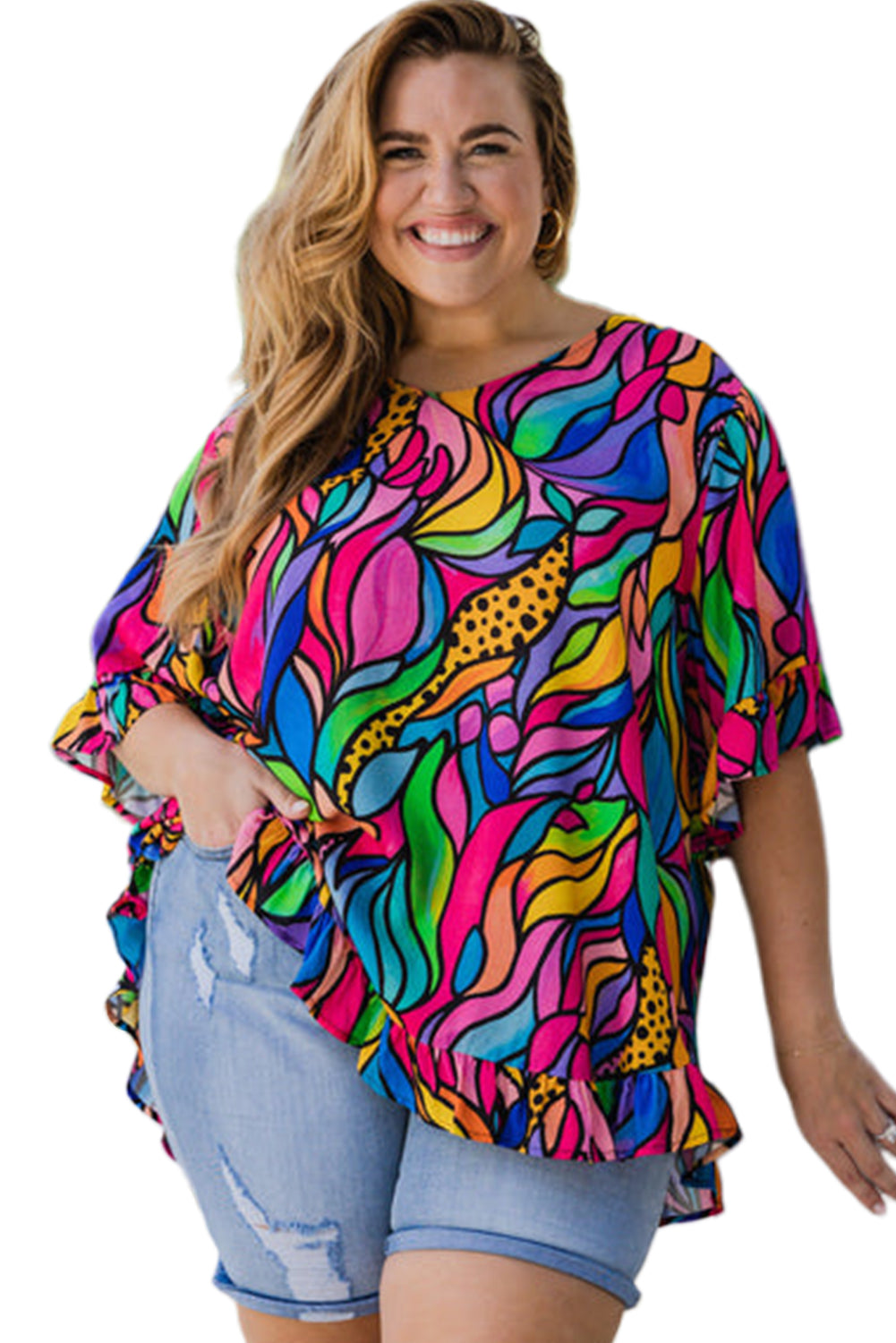 Rose Abstract Print Plus Size Frilly Trim Blouse - Eloy Royal