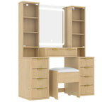 43.5' Fluted Makeup Vanity Desk with Mirror and Lights, Modern Glass Top Vanity Table with 10 Drawers & 2 Transparent Glass Cabinets, Dressing Table Set with Stool and Charging Station, Oak - Eloy Royal