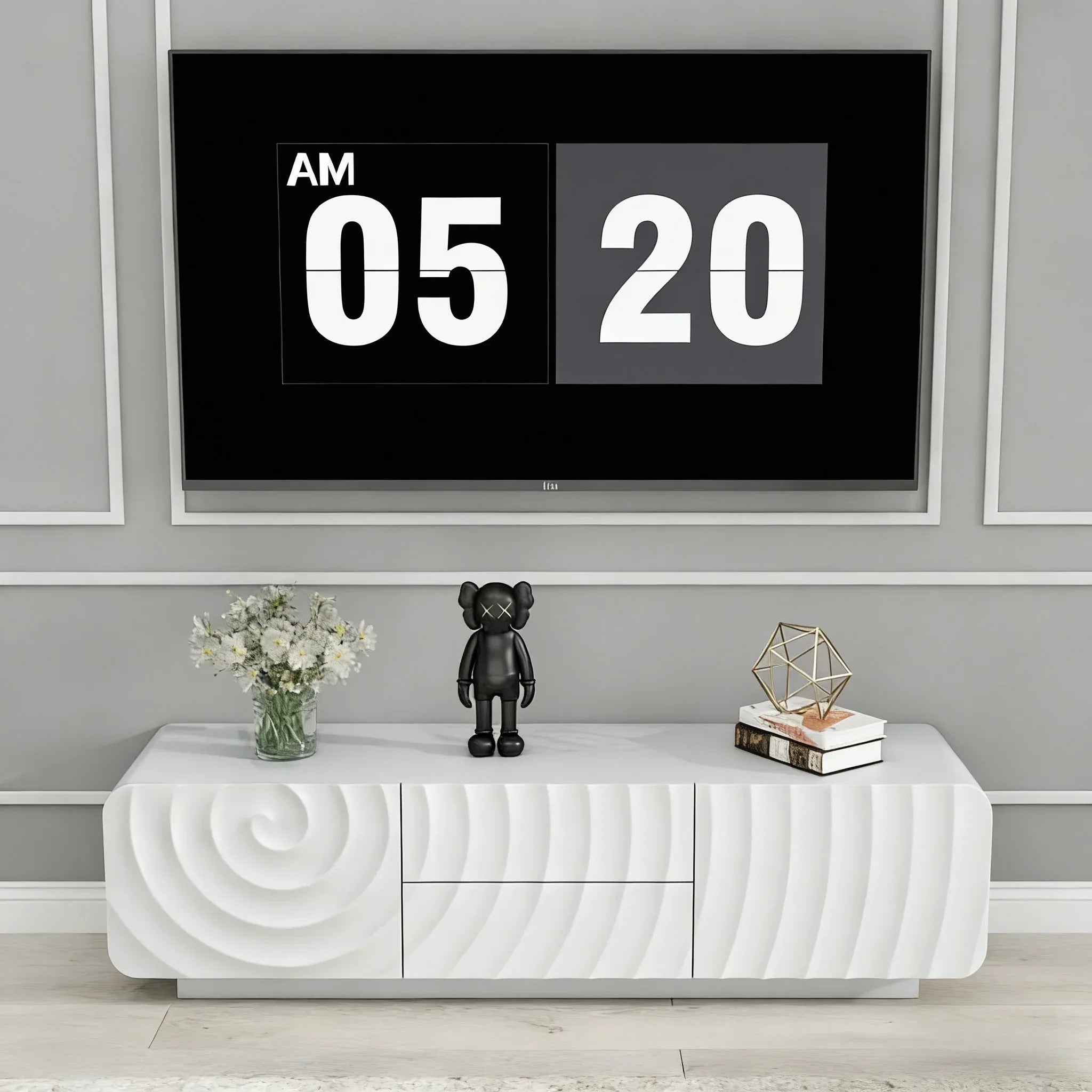 58''Tv Console With Modern Unique Spiral Wave Design With Storage Cabinet And 2 Drawers Tv Stand For Living Room, Bedroom, White - Eloy Royal