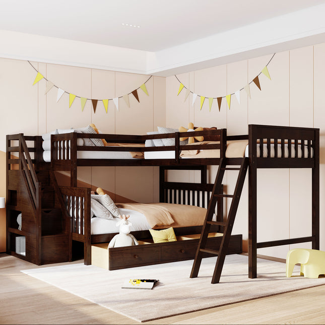 Twin over Full L-Shaped Bunk Bed With 3 Drawers, Ladder and Staircase - Espresso(OLD SKU:LT000810AAP-1)