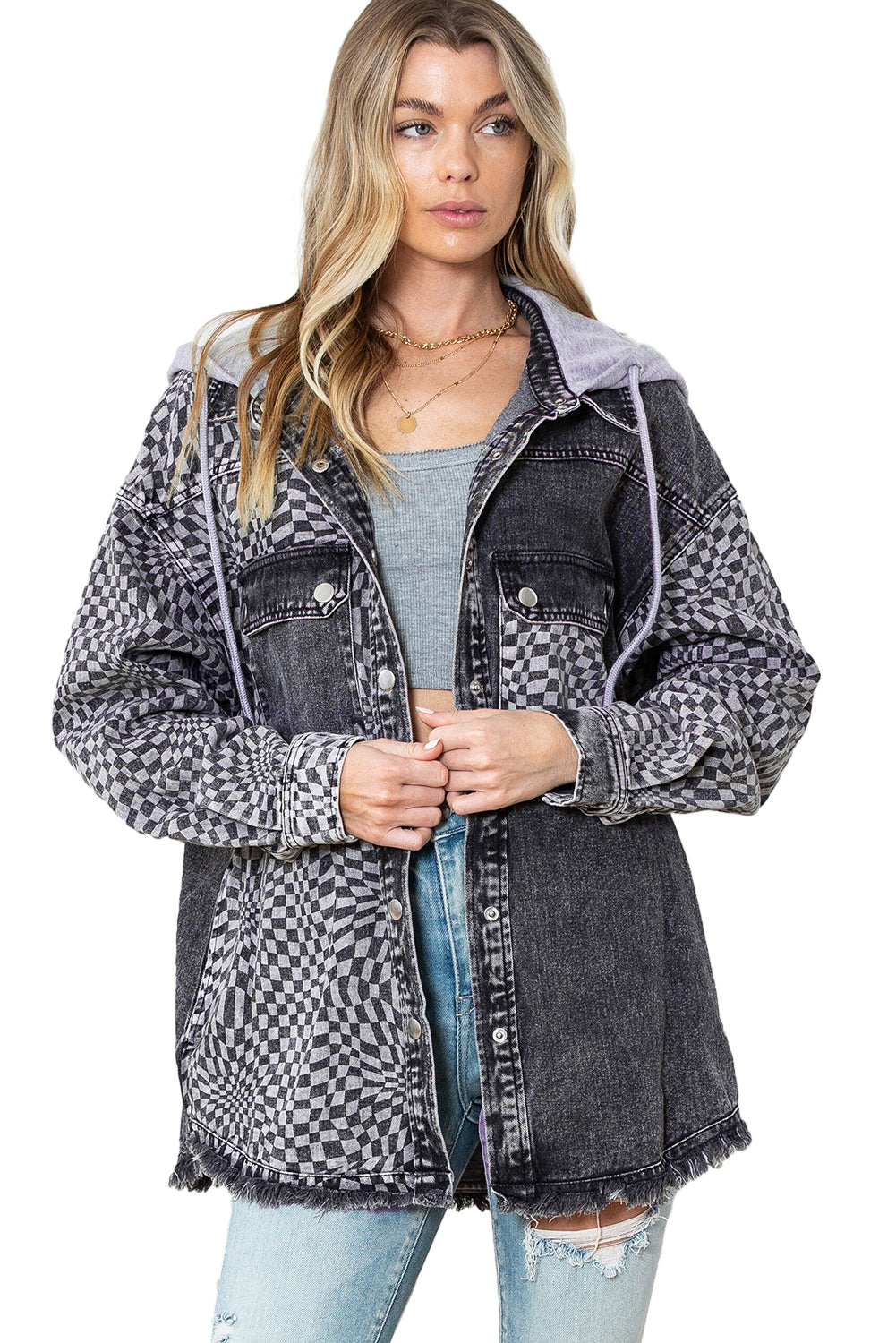 Wholesale Gray Checked Patchwork Raw Hem Hooded Denim Jacket - Eloy Royal