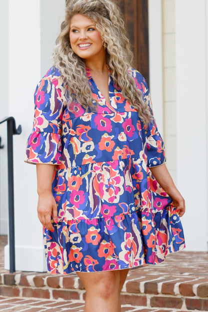 Blue Plus Size Floral Print Bell Sleeve Mini Dress - Eloy Royal