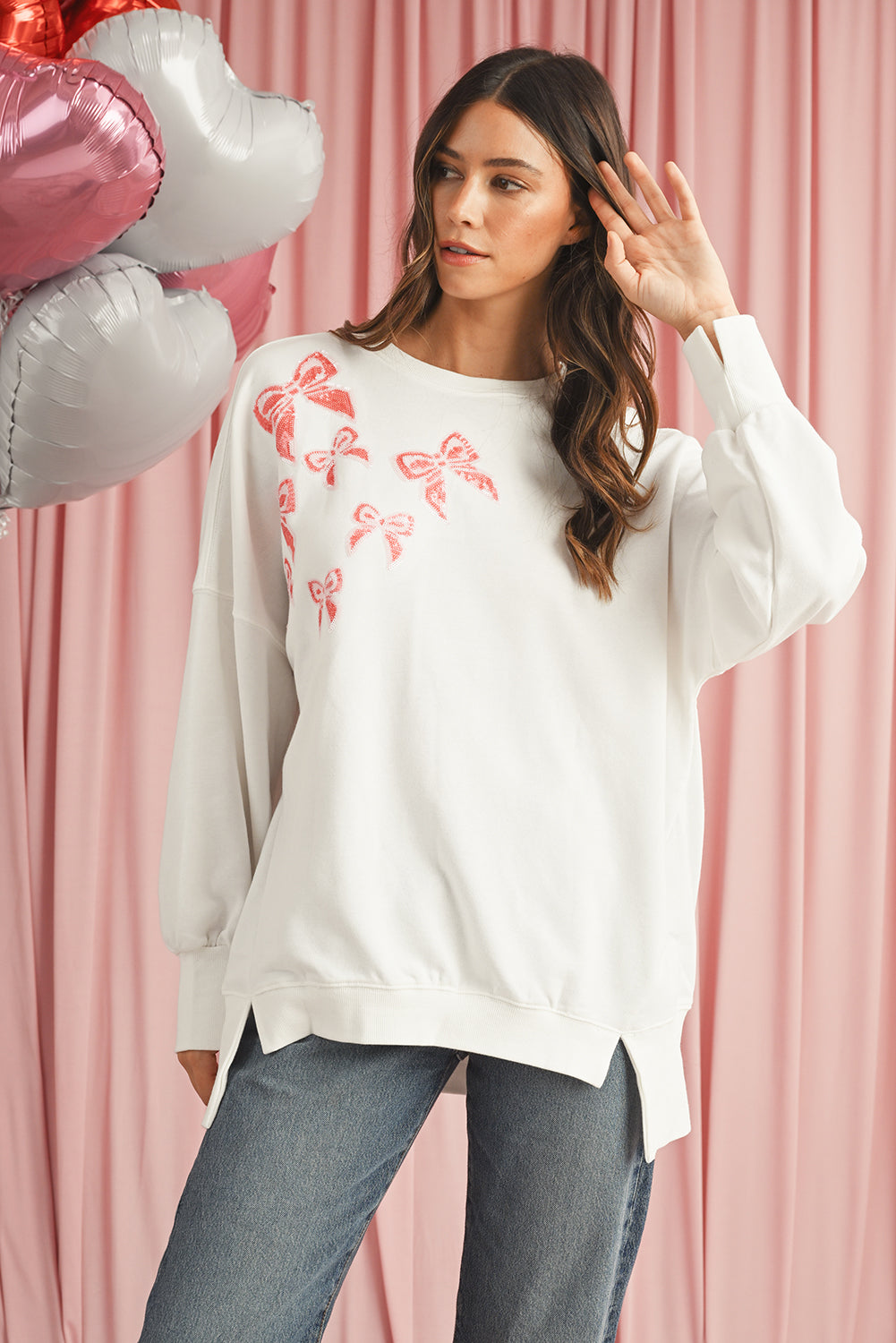 White Sequin Bowknot High Low Oversize Sweatshirt