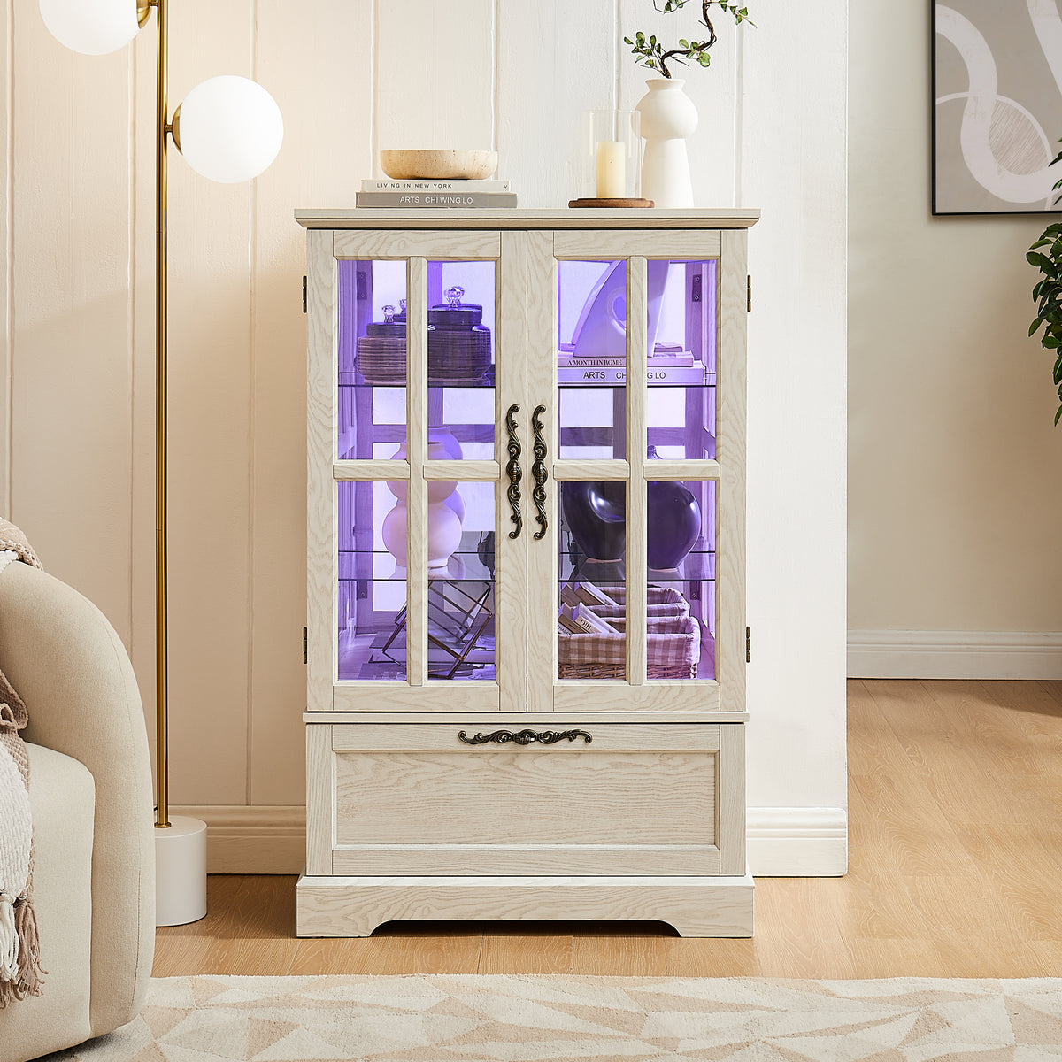 White Display Cabinet with Full-Color RGB Light Strip and Flip-Top Drawer,Freestanding Storage Bookcase for Dining Room,Living Room,Bedroom and Entryway