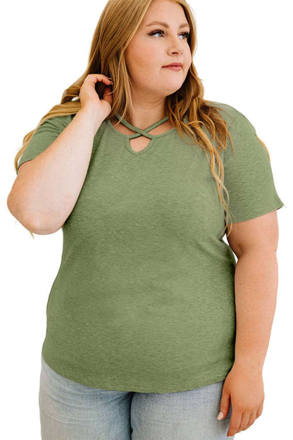 Army Green Casual Crisscross Ribbed Knit  Plus Size Tee