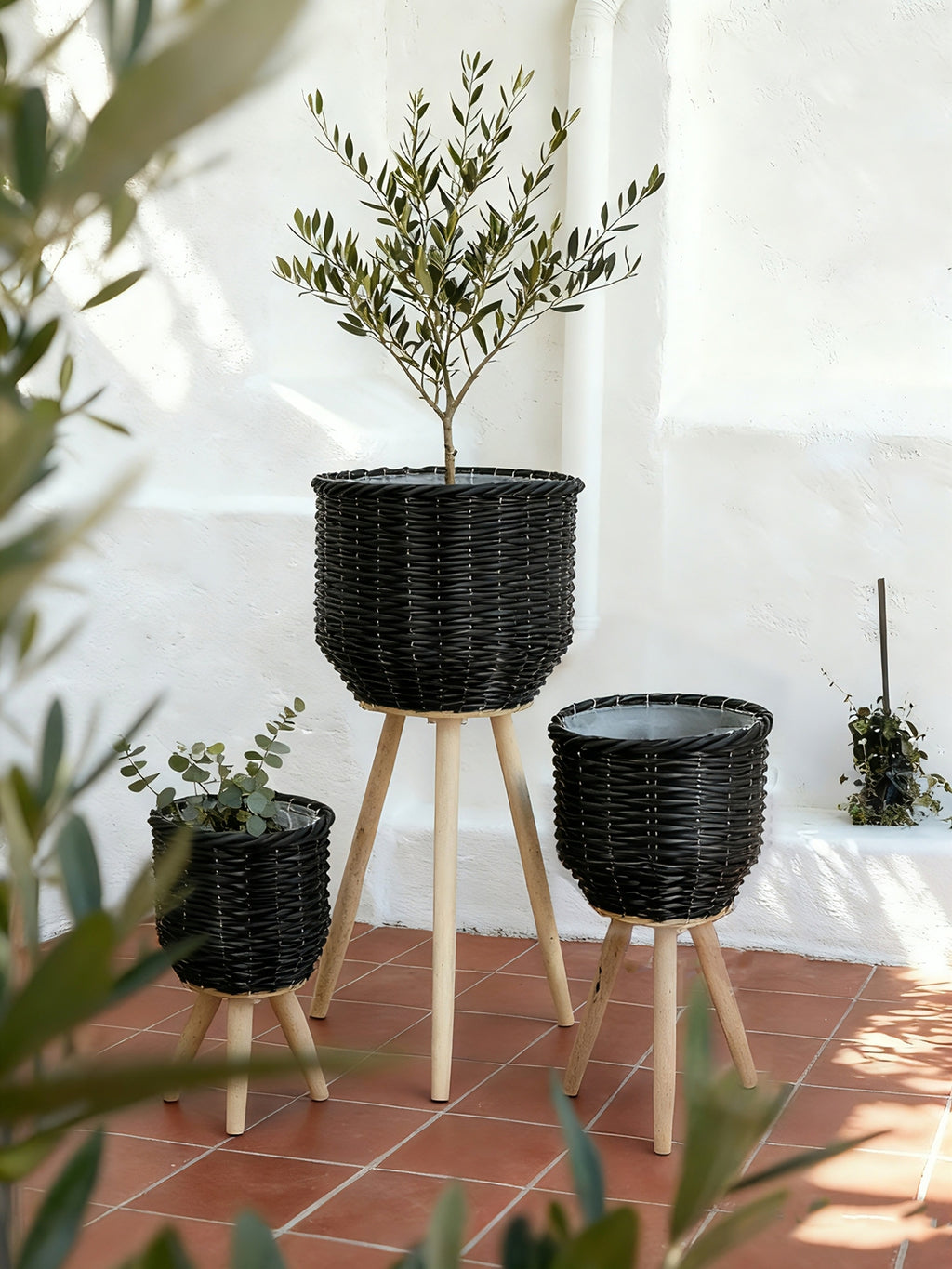 Set of 3 Black Poly Rattan Baskets with Rope Texture and Tapered Wooden Legs, L:12x12x23.5' M:10x10x17.5' S:8x8x13.5'