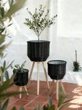 Set of 3 Black Poly Rattan Baskets with Rope Texture and Tapered Wooden Legs, L:12x12x23.5' M:10x10x17.5' S:8x8x13.5'