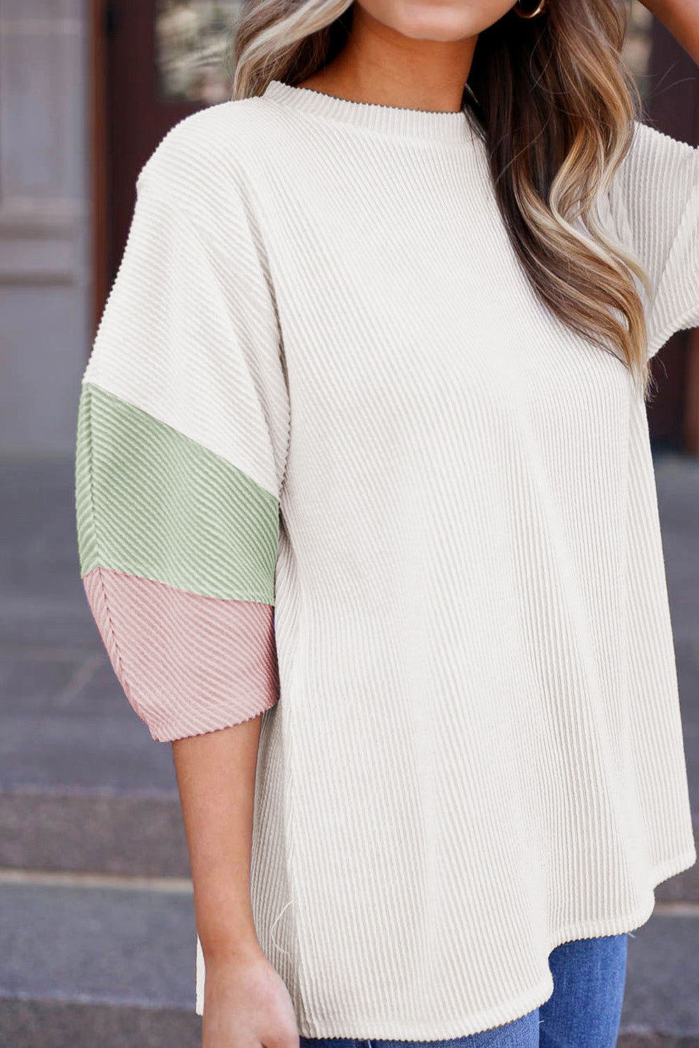 White Textured Colorblock Patchwork Half Sleeve Plus T Shirt - Eloy Royal