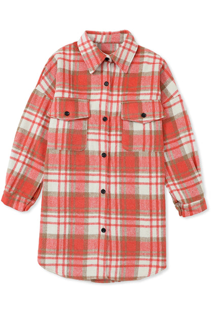 Red Plaid Flap Pocket Long Sleeve Oversized Shacket - Eloy Royal