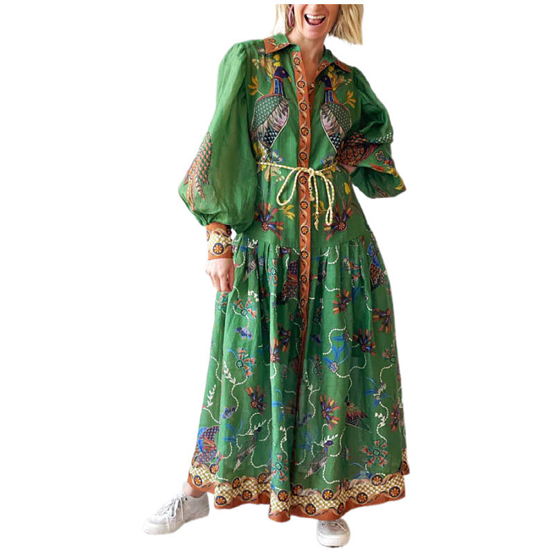 Women's Printed Cardigan Wide Hem Long Sleeve Dress