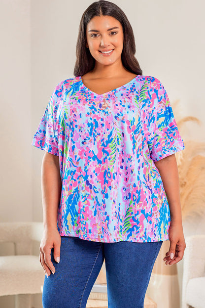 Sky Blue Plus Size Plant Print V Neck T-shirt - Eloy Royal