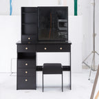 37' Middle Size Left Drawer Desktop Vanity Table + Cushioned Stool, Extra Large Right sliding mirror, Multi Layer High Capacity Storage, Practical Fashionable Dresser, Suitable For Large Space - Eloy Royal